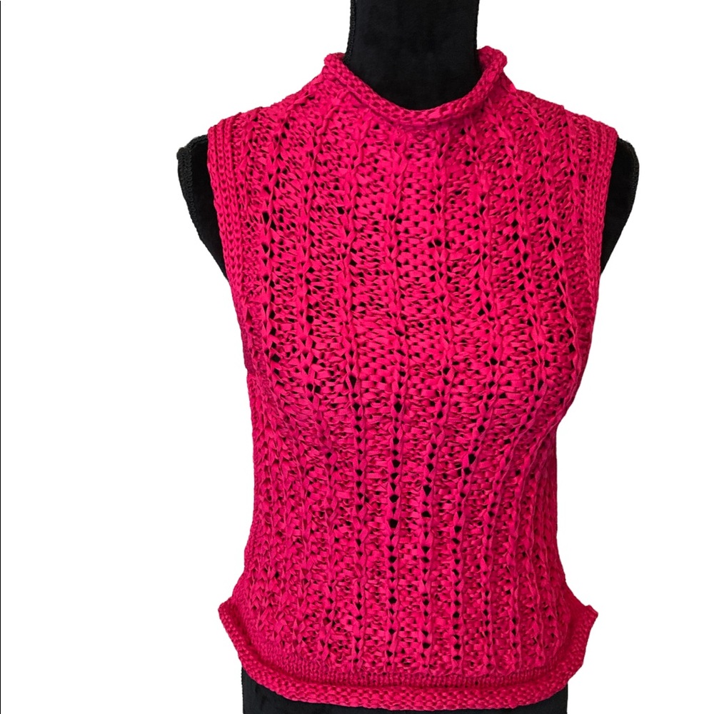 Anthropologie Hot Pink Crochet Sleeveless Mock Neck Top NWOT